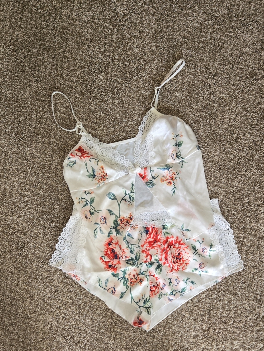 Floral Lace-Trim Satin Cami With Shorts